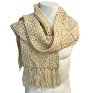 Aran Crafts Ireland 🇮🇪 100% Merino Wool Cream Cable Knit Scarf with Fringe